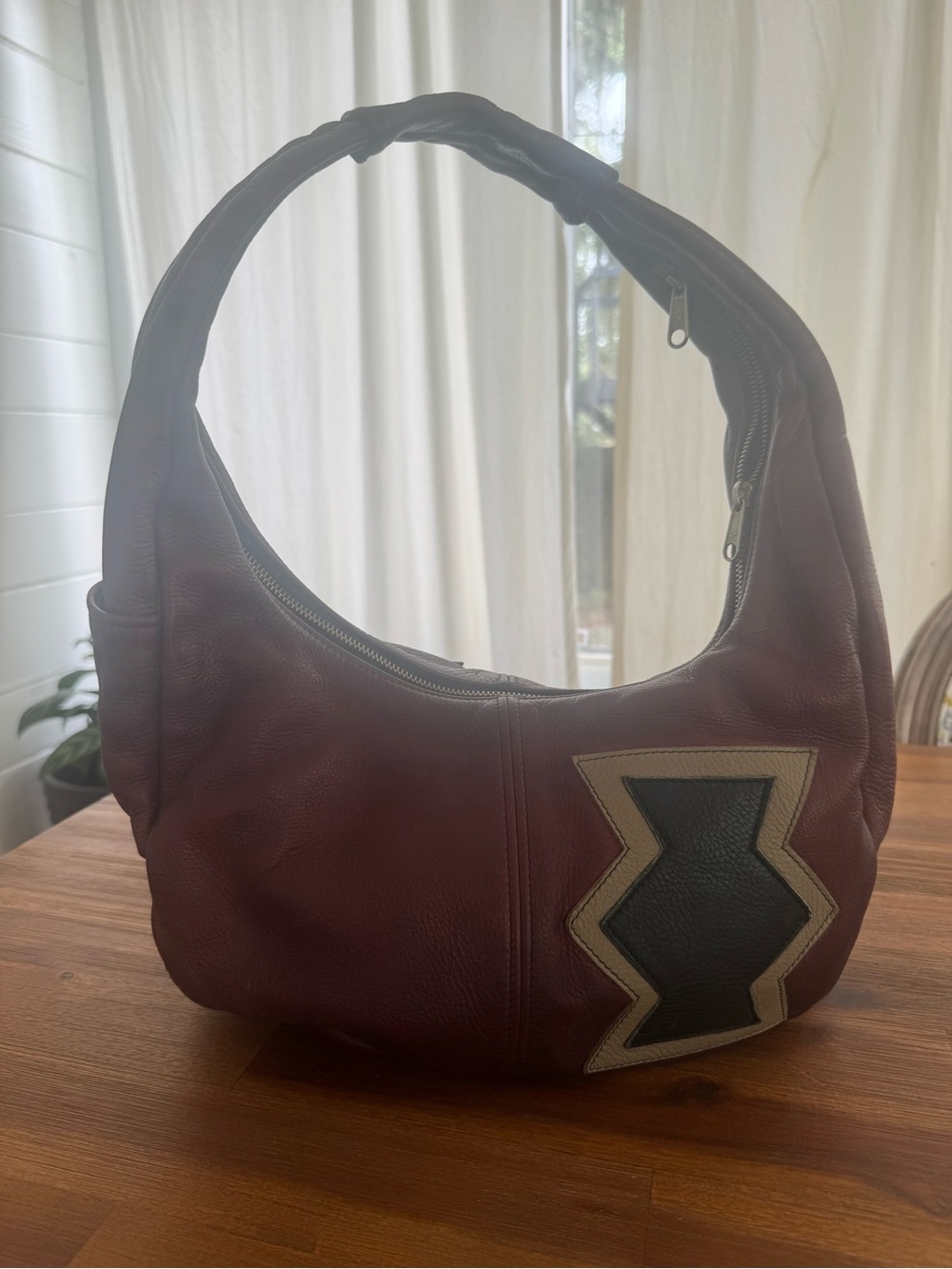 Artisan Shoulder Hobo Bag in Burgundy with Black and Tan Patch